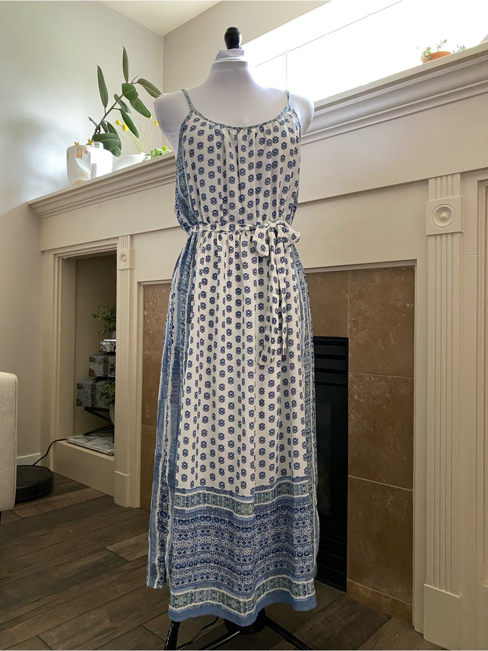 Gap Bohemian Blue & White Maxi Dress with Tie Waist